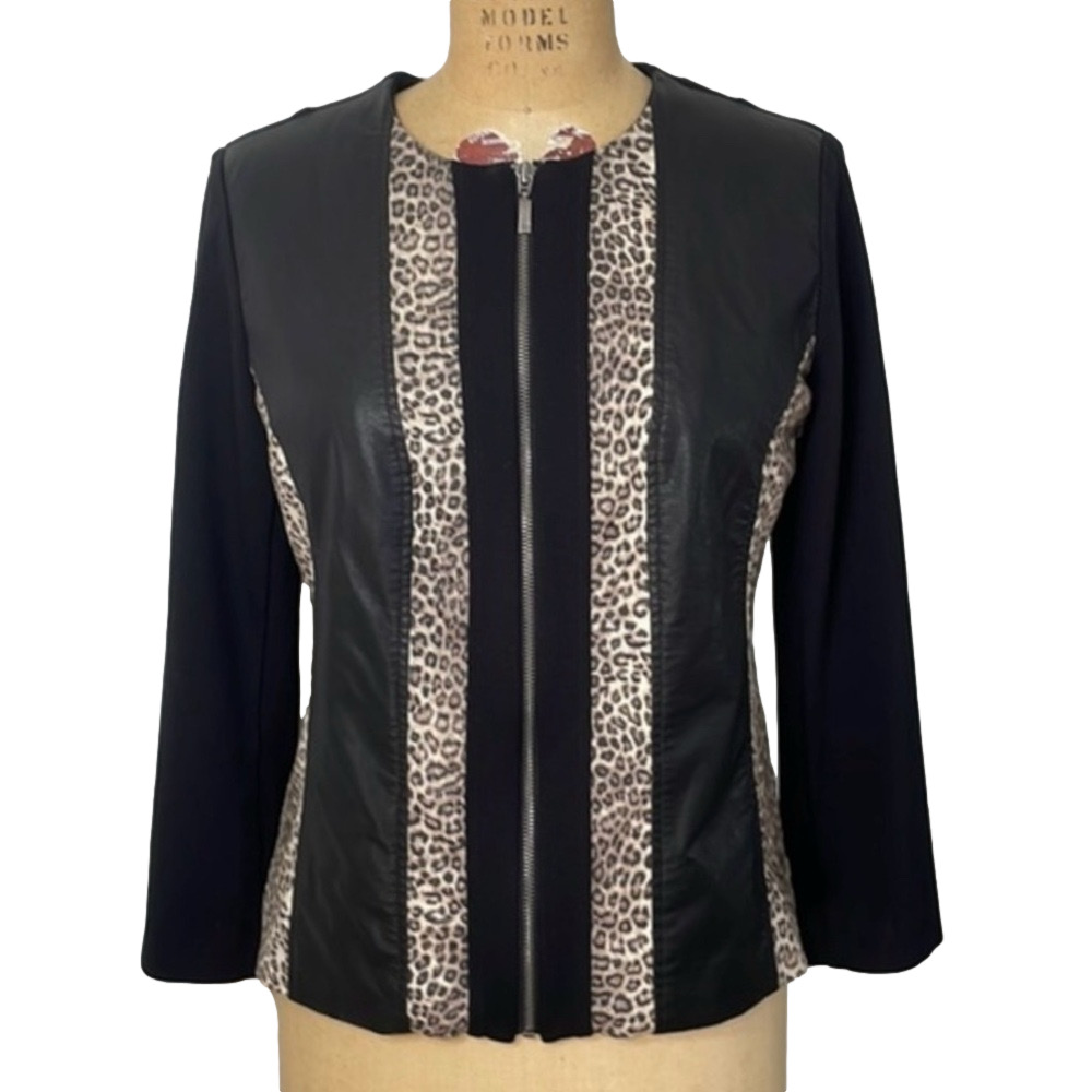 Chico's Womens Black Leopard Print Zip Up Jacket Blazer Small 4 Vegan Leather